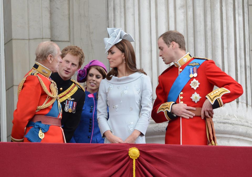 Prince Philip, Duke of Edinburgh, Prince Harry, Princess Beatrice, Catherine, the Duchess of Cambridge, aka Kate Middleton and Prince William, The Duke of Cambridge 2012 Trooping the Colour ceremony on the Balcony at Buckingham Palace London, England - 16.06.12 Mandatory Credit: Tony Clark/WENN.com