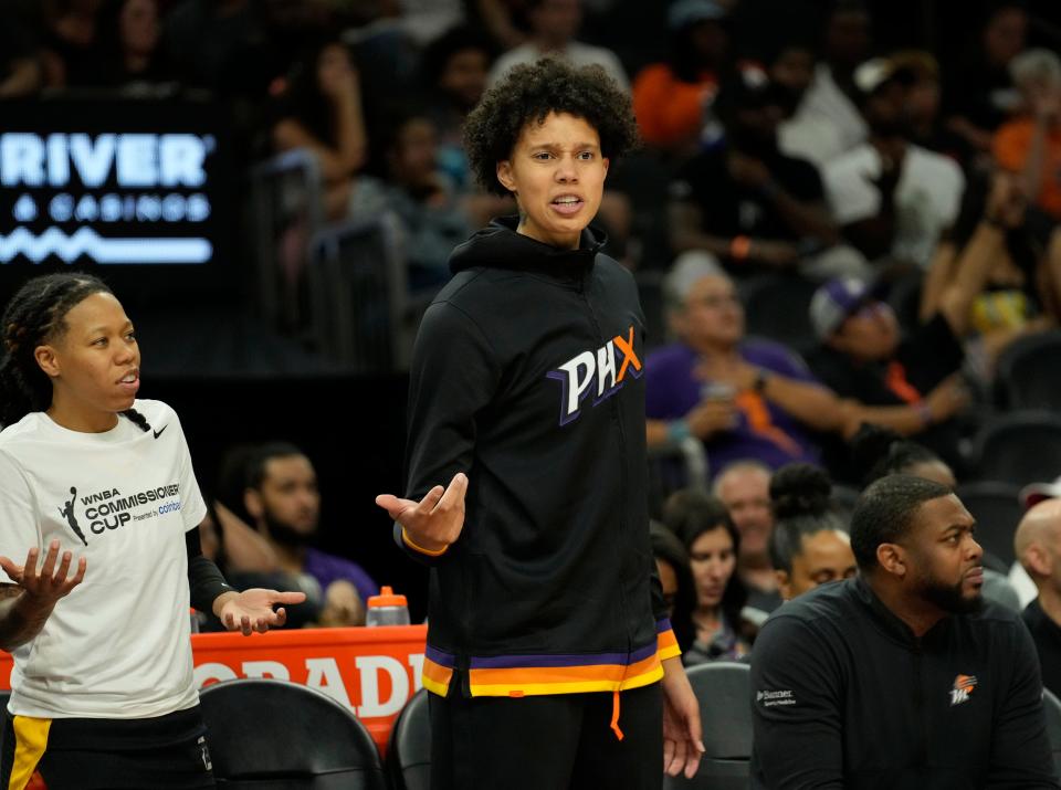 Phoenix Mercury center Brittney Griner argues for a call against the Los Angeles Sparks during the third quarter on Sunday, June 2, 2024, at Footprint Center in Phoenix. Griner was injured and did not play. Mandatory Credit: Michael Chow-Arizona Republic