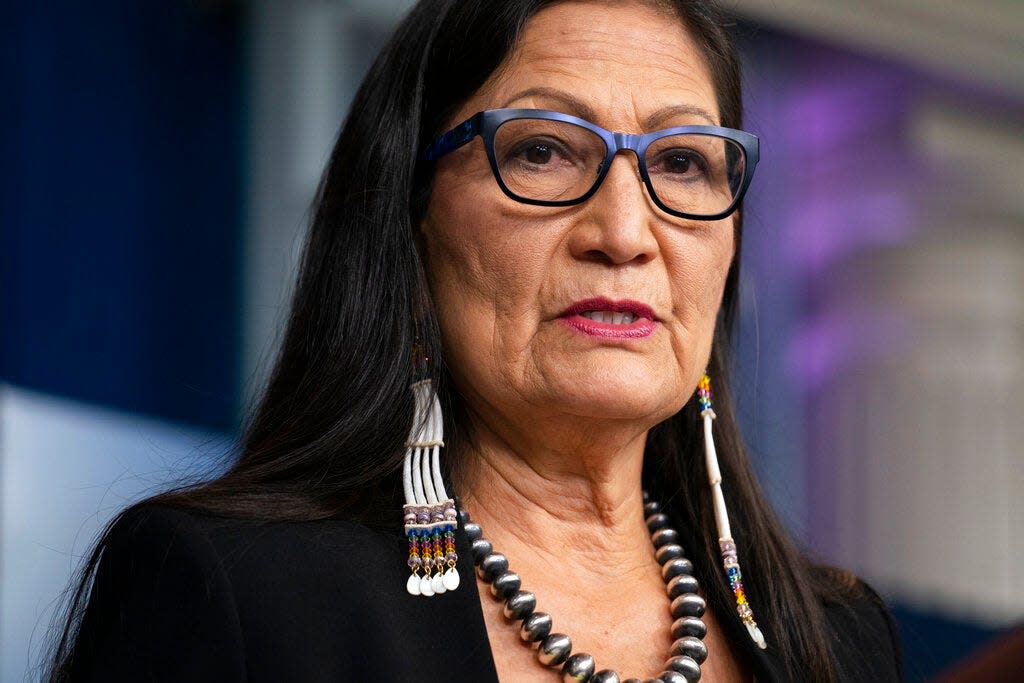 In this April 23, 2021, file photo, Interior Secretary Deb Haaland speaks during a news briefing at the White House.