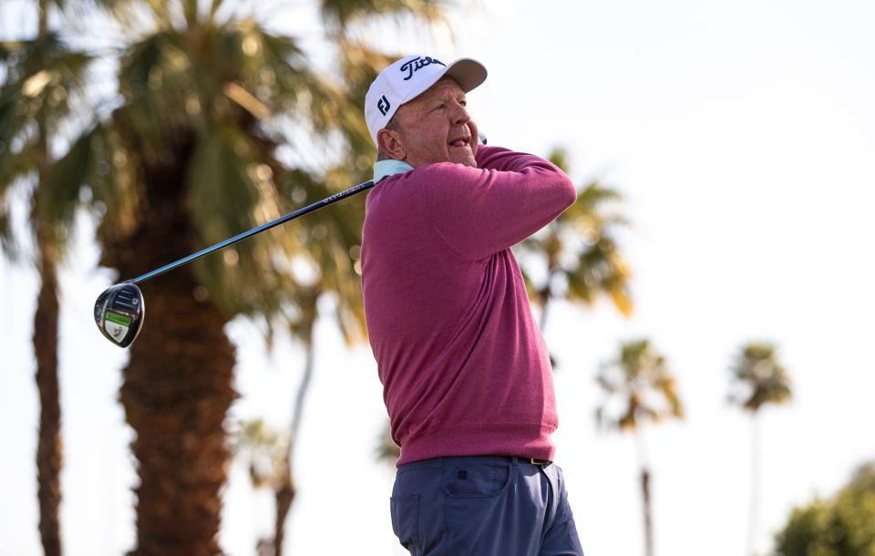 Billy Mayfair tees off on 11 during the first round of the Galleri Classic in Rancho Mirage, Calif., Friday, March 24, 2023. 