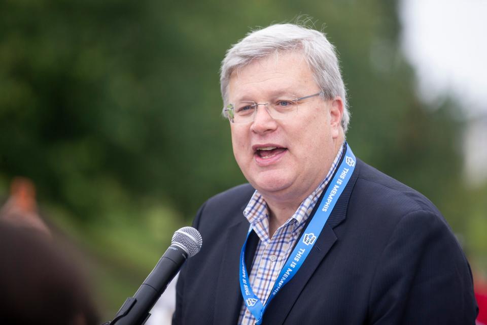 Mayor Jim Strickland speaks at the entrance to the newly renovated Tom Lee Park prior to the ribbon cutting to officially open it to the public in Downtown Memphis on Saturday, September 2, 2023.