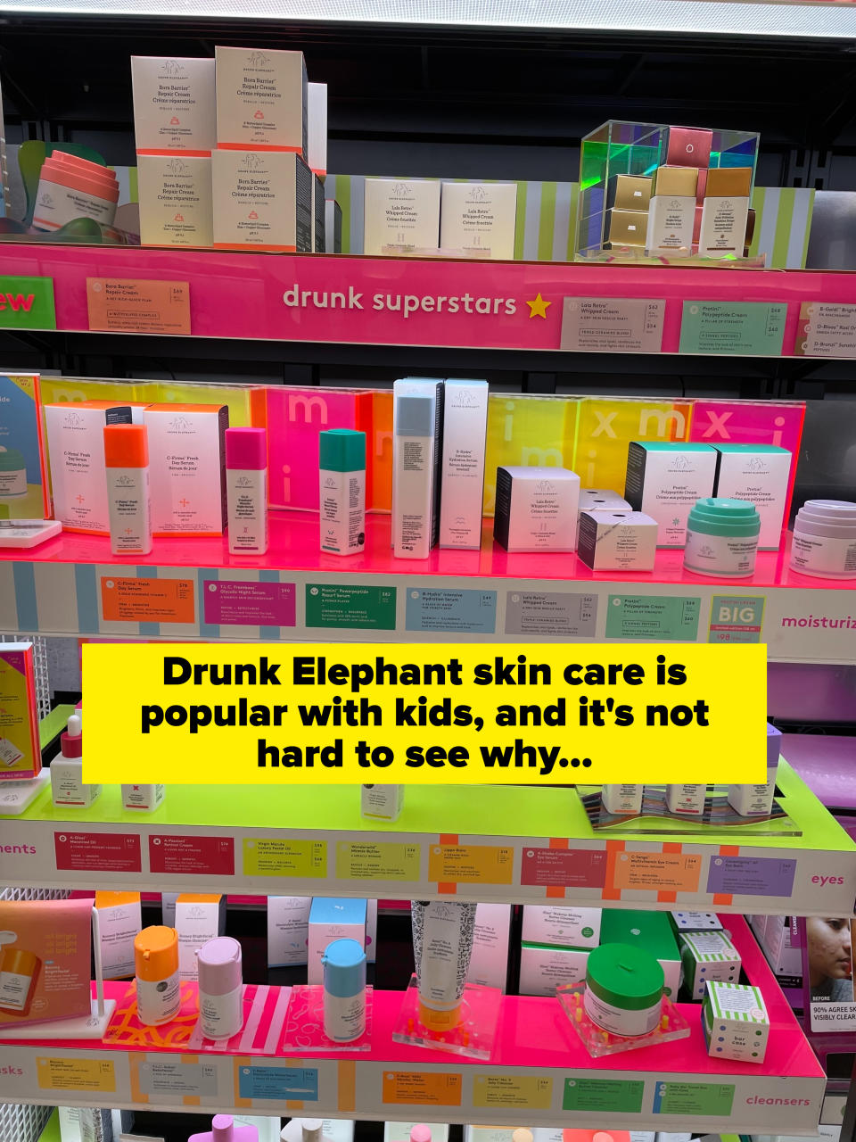 brighly colored drunk elephant display inside Sephora. Drunk elephant is popular with kids and it's not hard to see why