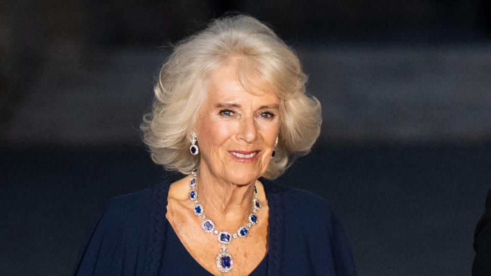 Queen Camilla and King Charles III attend a state banquet at the Palace of Versailles, hosted by President and Madame Macron, on September 20, 2023 in Versailles, France.