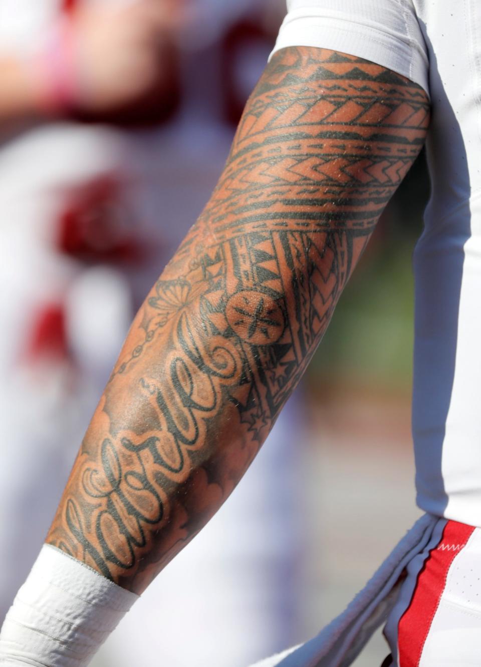 Oklahoma Sooners quarterback Dillon Gabriel (8) tattoos are pictured before the Red River Rivalry college football game between the University of Oklahoma Sooners (OU) and the University of Texas (UT) Longhorns at the Cotton Bowl in Dallas, Saturday, Oct. 7, 2023. Oklahoma won 34-30.