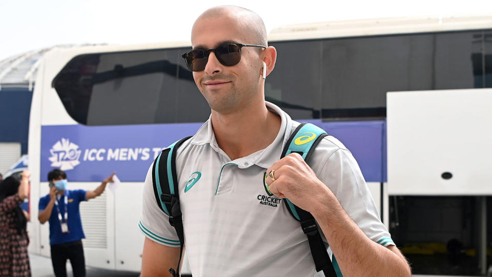 Seen here, Aussie cricketer Ashton Agar steps off a bus for the ICC T20 World Cup.