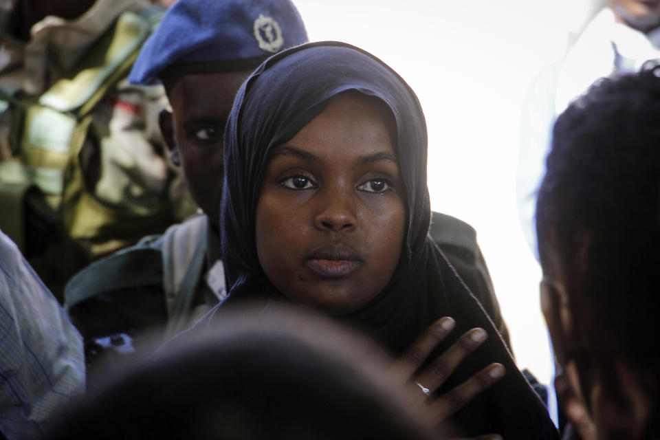 Ilwad Elman, who was reportedly shortlisted for this year's Nobel Peace Prize, attends the funeral service for her sister, Somali Canadian peace activist Almaas Elman, in the capital Mogadishu, Somalia Friday, Nov. 22, 2019. Preliminary investigations show Almaas Elman was killed by a stray bullet inside a heavily defended base near the international airport earlier this week in Mogadishu, the peacekeeping mission in Somalia said Friday. (AP Photo/Farah Abdi Warsameh)