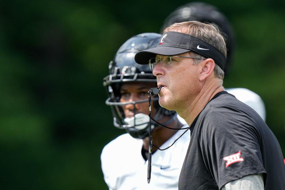 UC Bearcats Head Coach Scott Satterfield trains the team at the Bearcats Fall Camp at Higher Ground in Indiana on Friday August 11, 2023.