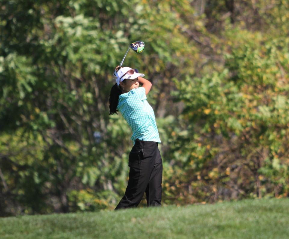 Dublin Jerome's Ellie Ryu watches her drive on No. 8 at The Links at Echo Springs during the Division I district tournament on Wednesday. Ryu shot a 72 to lead the Celtics to a runner-up finish.