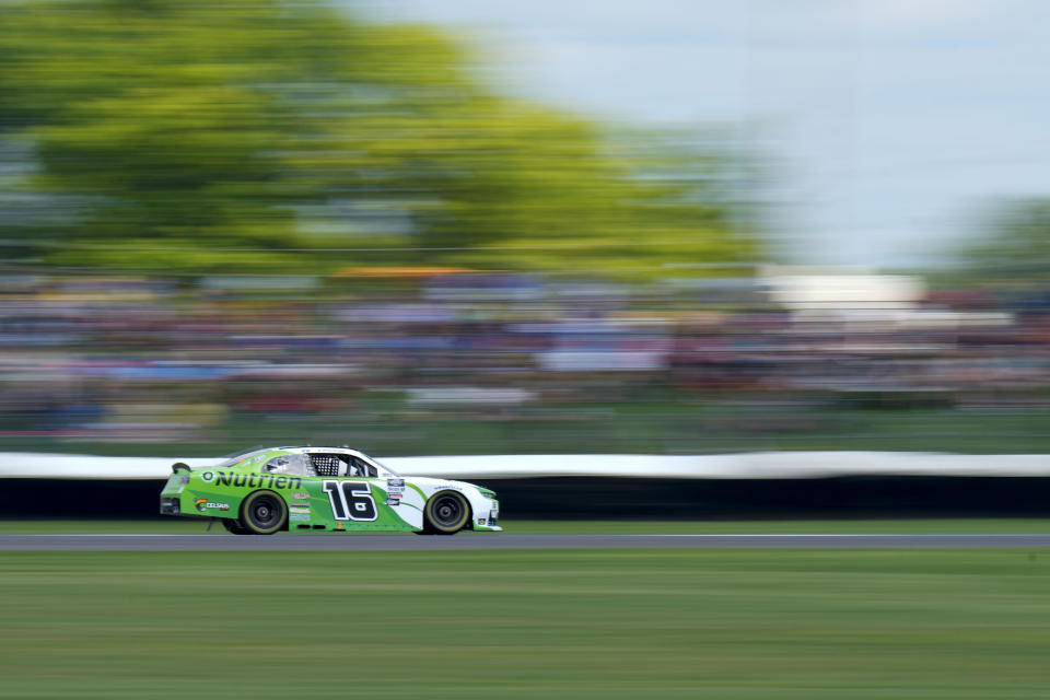 AJ Allmendinger drives during the running of a NASCAR Xfinity Series auto race at Indianapolis Motor Speedway, Saturday, July 30, 2022, in Indianapolis. (AP Photo/AJ Mast)