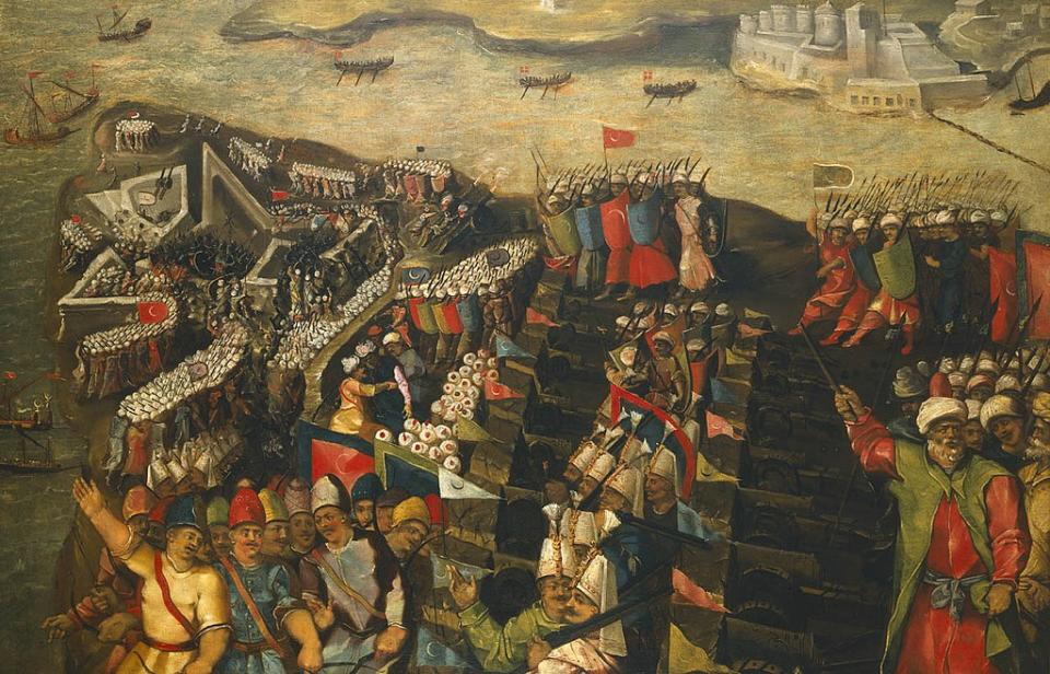 《The Siege of Malta: Capture of St Elmo, 23 June 1565 》by Matteo Pérez d’Alesio (Wikimedia Commons提供, 圖片來源collections.rmg.co.uk/collections/objects/11746.html) 