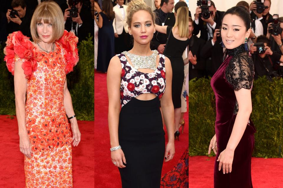Three images show Anna Wintour, Jennifer Lawrence, and Gong Li on the red carpet.