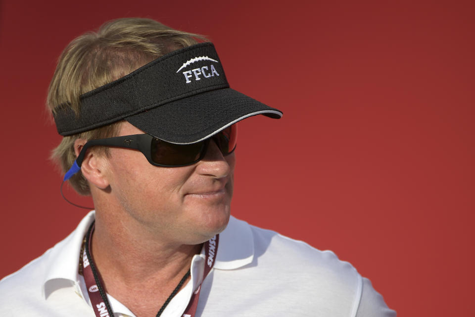 ESPN broadcaster, and former head coach Jon Gruden could be pursued by the Oakland Raiders to get back into coaching. (AP)