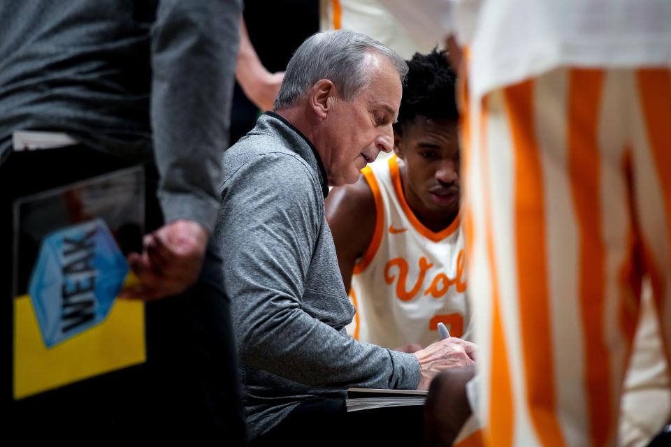 Tennessee head coach Rick Barnes work with his team during the second half of a second round SEC Men’s Basketball Tournament game against Mississippi at Bridgestone Arena in Nashville, Tenn., Thursday, March 9, 2023.