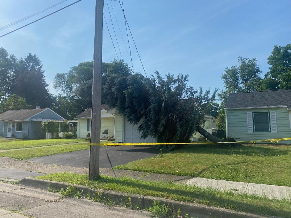 A pine tree leans over after being uprooted on Buffalo Street during a storm Monday evening, July 15, 2024. About 24,000 NYSEG customers in Steuben, Schuyler and Chemung counties were still without electricity Tuesday morning.
