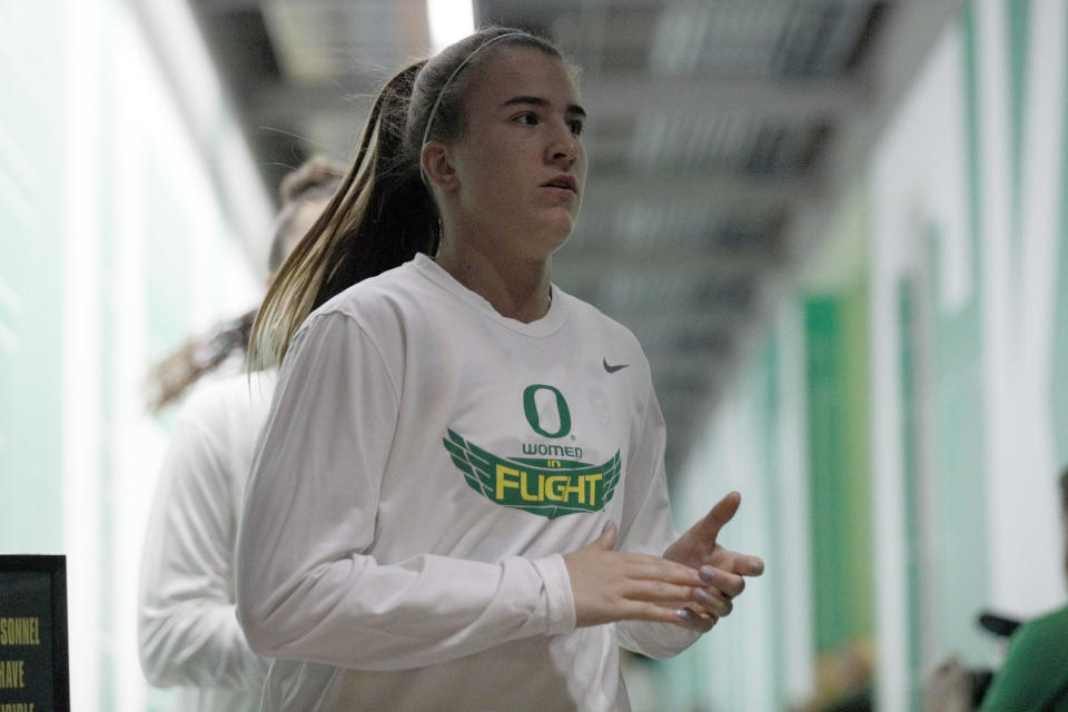  Oregon Ducks guard Sabrina Ionescu (20) walks out of the tunnel prior to the game against the Oregon State Beavers at Matthew Knight Arena. Mandatory Credit: Soobum Im-USA TODAY Sports