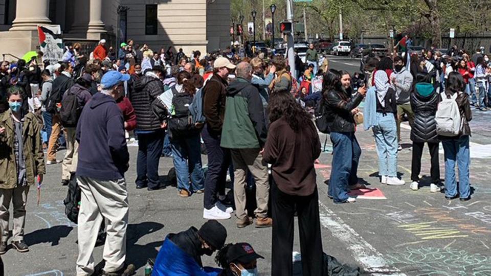 Anti-Israel agitators block roadways outside of Yale University in New Haven, Connecticut on Monday, April 22, 2024. The protests are continuing after a week of demonstrations calling on the university to divest from military weapons manufacturers.