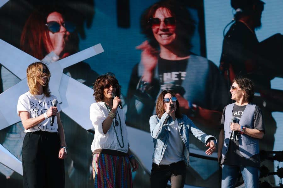 Indio, CA – April 14: The cast of the tv series The L Word brings out singer Reneé Rapp before her performance at the Coachella Valley Music and Arts Festival on Sunday, April 14, 2024 in Indio, CA. (Dania Maxwell / Los Angeles Times via Getty Images)