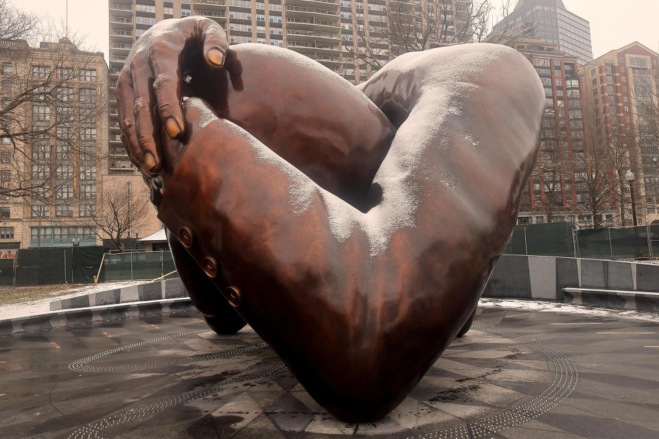 Embrace, the Dr. Martin Luther King Jr. memorial sculpture at Boston Common. / Credit: Lane Turner/The Boston Globe via Getty Images