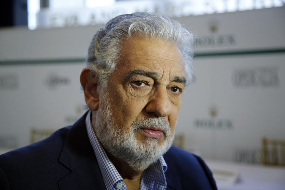 FILE - In this Aug. 26, 2014, file photo, Placido Domingo speaks at the Dorothy Chandler Pavilion in Los Angeles. The cancellation Tuesday, Sept. 24, 2019, of Domingo's Metropolitan Opera performance in "Macbeth" means the singer, who has been accused by multiple women of sexual misconduct, has only a few U.S. shows scheduled, all set for California in 2020. Domingo has said he strongly disputes the allegations made against him. (AP Photo/Damian Dovarganes, File)