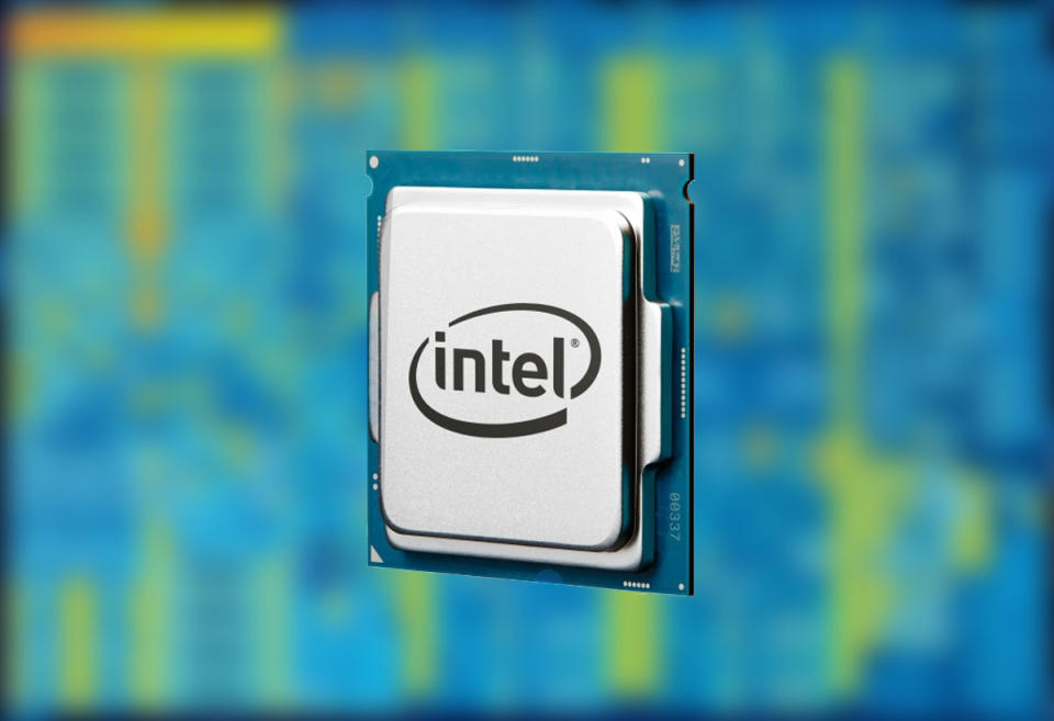 An Intel Skylake chip (its architecture is in the background)