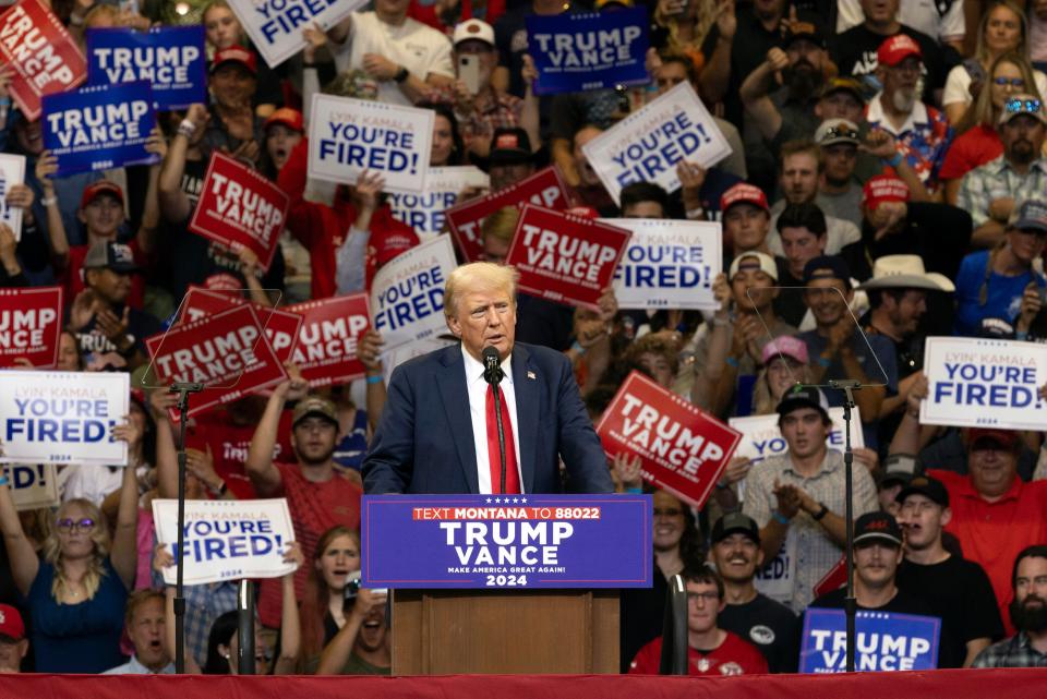 Republican presidential nominee former President Donald Trump speaks at a campaign rally in Bozeman, Mont., Friday, Aug. 9, 2024 (AP)