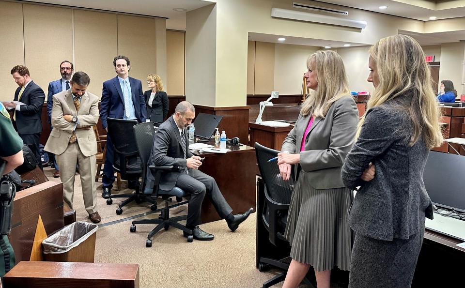 Prosecutors and defense lawyers get ready for the third day of jury selection in the Charlie Adelson trial on Wednesday, Oct. 25, 2023, at the Leon County Courthouse. At right are Assistant State Attorneys Georgia Cappleman and Sarah Kathryn Dugan. Seated at the defense table on the right is attorney/consultant Josh Dubin, with Adelson's lead attorney, Dan Rashbaum, to his right and Charlie Adelson behind him.