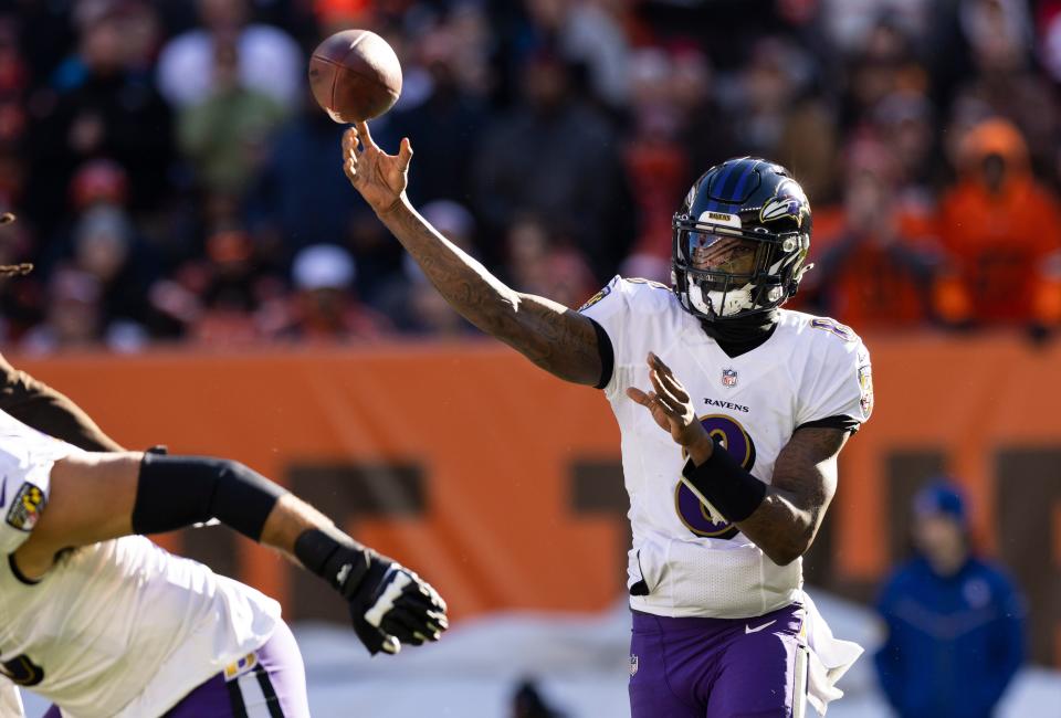 Baltimore Ravens quarterback Lamar Jackson (8) throws the ball against the Cleveland Browns during the first quarter at FirstEnergy Stadium.