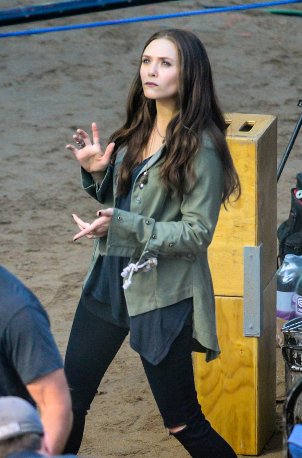 First sighting of Elizabeth Olsen doing some Scarlet Witch magic on the 'Civil War’ set on May 20.