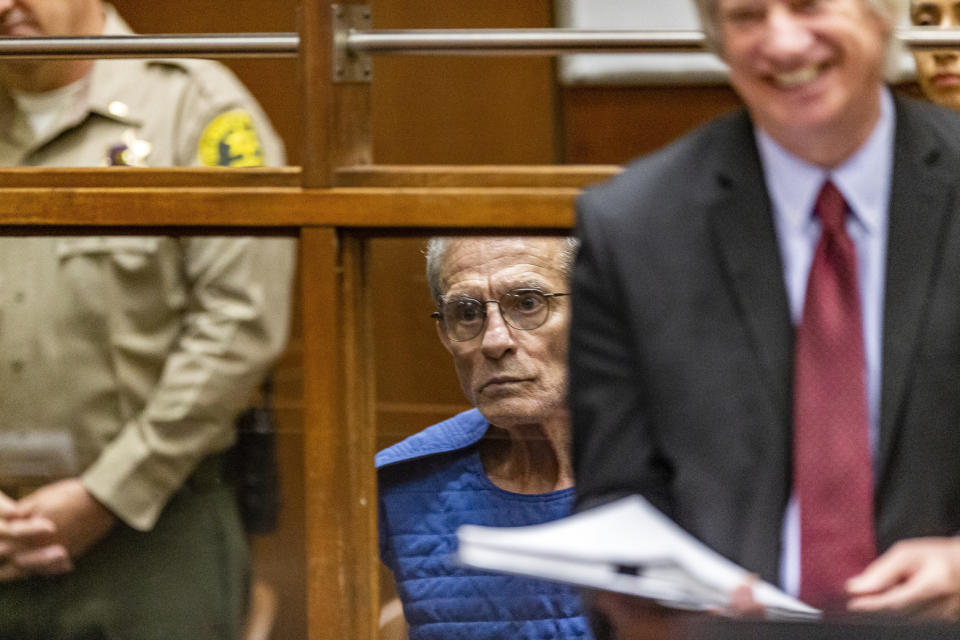 Edward Buck appears in Los Angeles Superior Court, Thursday, Sept. 19, 2019, in Los Angeles. The prominent LGBTQ political activist was arrested Tuesday and charged with operating a drug house and providing methamphetamine to a 37-year-old man who overdosed on Sept. 11, but survived, officials said. Two other men have died in his apartment since 2017. (AP Photo/Damian Dovarganes)