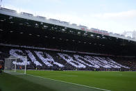 A view of the stands and tribute for late Manchester United player Bobby Charlton before the English Premier League soccer match between Manchester United and Manchester City at Old Trafford stadium in Manchester, England, Sunday, Oct. 29, 2023. Sir Robert Charlton died on Oct. 21, 2023. (AP Photo/Dave Thompson)