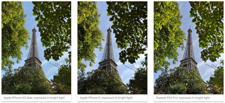 曝光與對比：iPhone Xs Max 新增的智慧 HDR 功能非常出色，左圖 iPhone Xs Max 與中圖 iPhone X 的對比下，iPhone Xs Max 的動態範圍表現更佳，右圖 HUAWEI P20 Pro 保留了更多亮部細節，但整體對比度較低，照片看起來比較平面些。