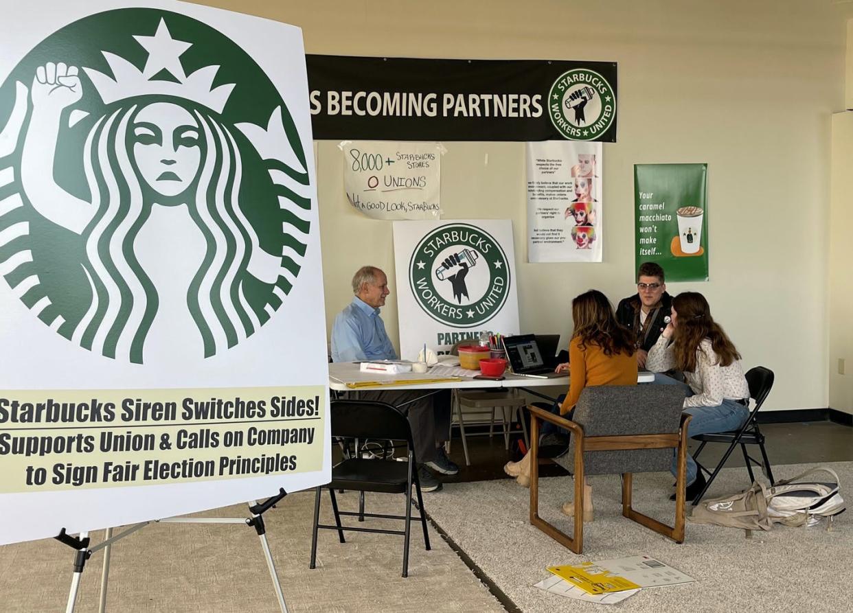 <span class="caption">Activist workers have successfully formed unions at 135 Starbucks since they began organizing in Buffalo, N.Y., in 2021. </span> <span class="attribution"><a class="link " href="https://newsroom.ap.org/detail/Starbucks-UnionBargaining/2b75bc1e5fac4d7eadb804c15eff7c99/photo?Query=starbucks&mediaType=photo&sortBy=arrivaldatetime:desc&dateRange=Anytime&totalCount=2636&currentItemNo=6" rel="nofollow noopener" target="_blank" data-ylk="slk:AP Photo/Carolyn Thompson;elm:context_link;itc:0;sec:content-canvas">AP Photo/Carolyn Thompson</a></span>