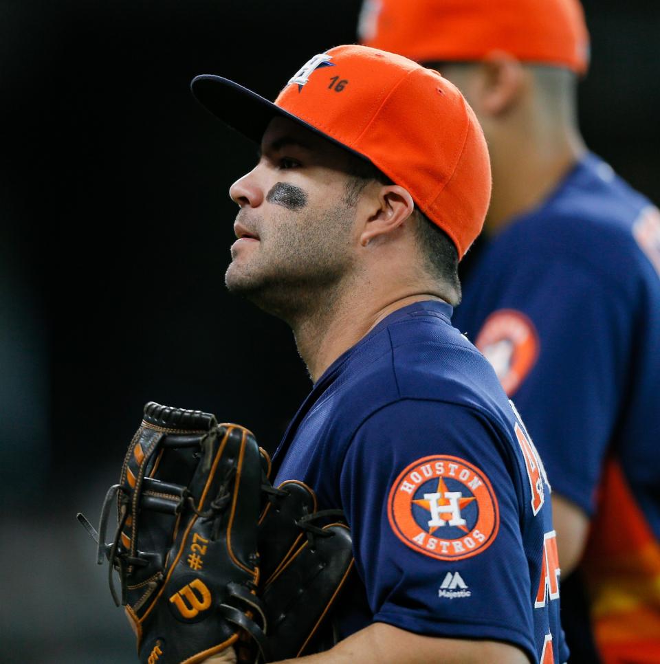 <p>Jose Altuve #27 of the Houston Astros displays a numer “16” on his hat in memory of Miami Marlins pitcher Jose Fernandez, who died early Sunday in boating accident in Miamit Beach. The Astros had a moment of silence before the game at Minute Maid Park on September 25, 2016 in Houston, Texas. (Photo by Bob Levey/Getty Images) </p>