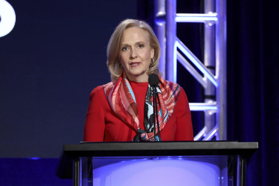 Paula Kerger, President and CEO at PBS speaks at the executive session during the PBS Winter 2020 TCA Press Tour at The Langham Huntington, Pasadena on Friday, Jan. 10, 2020, in Pasadena, Calif. (Photo by Willy Sanjuan/Invision/AP)