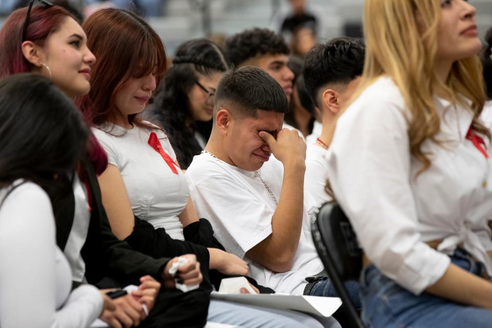 Friends and family attend a memorial for Miguel Romero at Horizon High School on Feb. 13, 2024. Romero was killed in a hit-and-run in East El Paso.