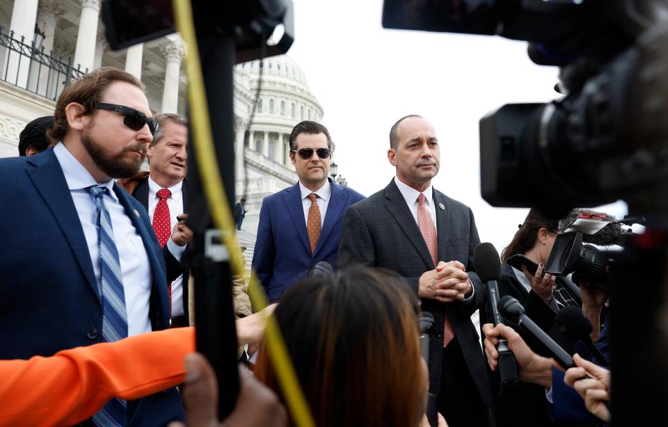 (L-R) U.S. Rep. Eli Crane (R-AZ), Rep. Tim Burchett (R-TN), Rep. Matt Gaetz (R-FL) and Rep. Bob Good (R-VA) talks to reporters after the House of Representatives failed to elevate Rep. Jim Jordan (R-OH) to Speaker of the House at the U.S. Capitol on October 20, 2023 in Washington, DC.