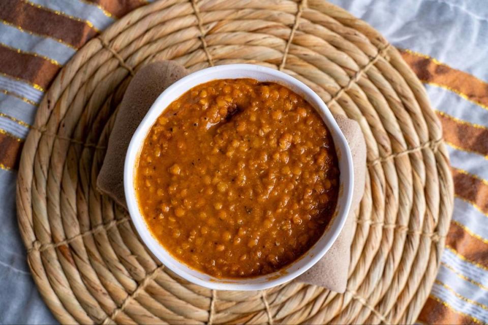 Abugida Café’s Yemisir Kik Wat is split red lentils cooked with berbere, herbs, sauce, onions and spices.