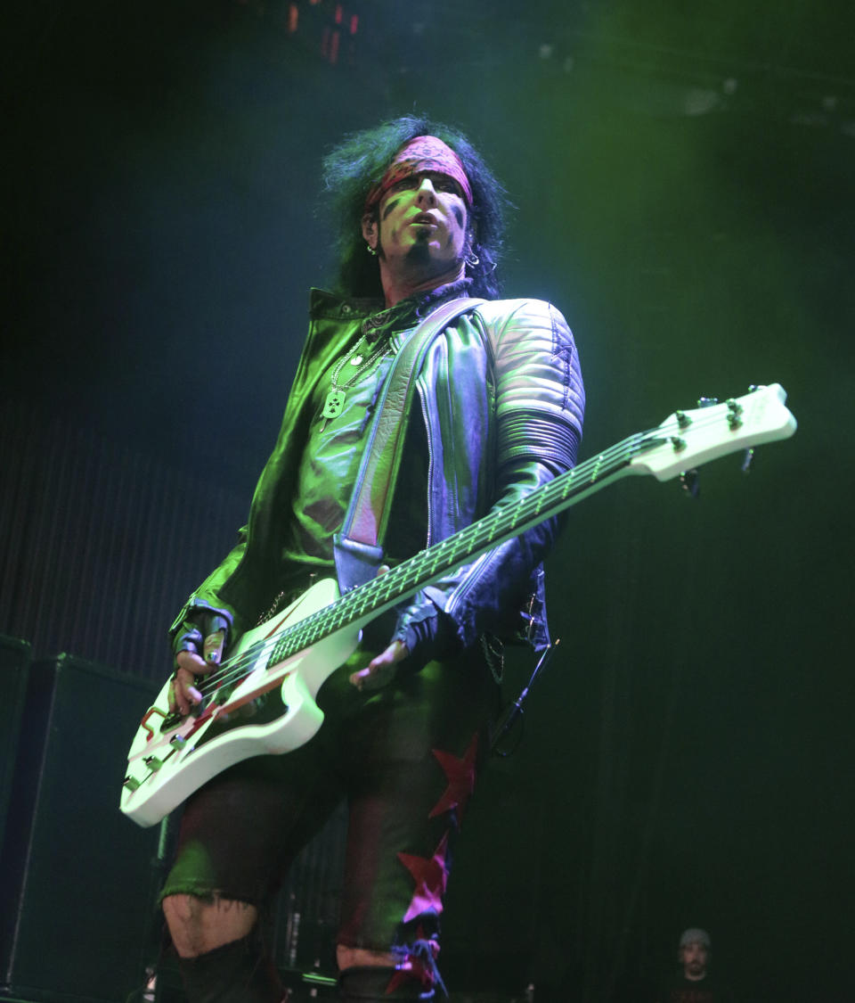 FILE - Nikki Sixx of the band Sixx:A.M. performs during the MMRBQ on May 21, 2016, in Camden, N.J. The Mötley Crüe co-founder and bassist has a new autobiography “The First 21: How I Became Nikki Sixx." (Photo by Owen Sweeney/Invision/AP, File)