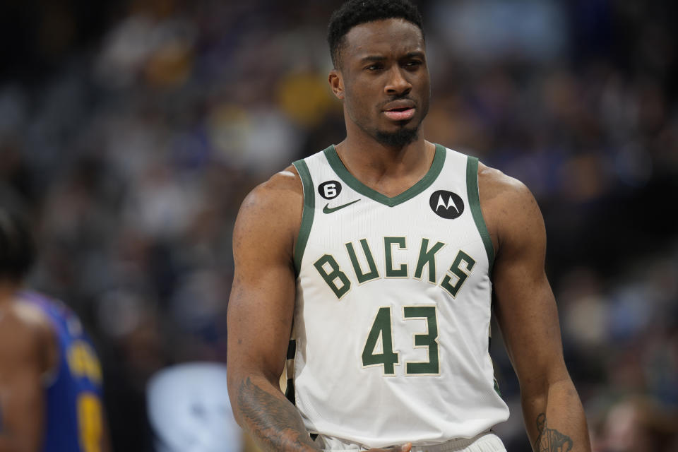 Milwaukee Bucks forward Thanasis Antetokounmpo (43) in the second half of an NBA basketball game Saturday, March 25, 2023, in Denver. (AP Photo/David Zalubowski)