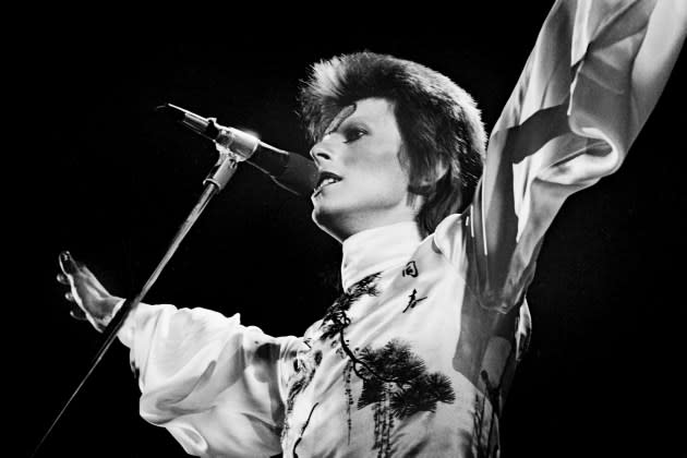 Bowie performing at Earls Court Arena in May 1973. - Credit: Gijsbert Hanekroot/Redferns