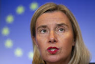 European Union foreign policy chief Federica Mogherini speaks during a media conference at the conclusion of a meeting of EU foreign ministers at the European Convention Center in Luxembourg, Monday, Oct. 14, 2019. Some European Union nations are looking to extend moves against Turkey by getting more nations to ban arms exports to Ankara to protest the offensive in neighboring Syria. (AP Photo/Virginia Mayo)