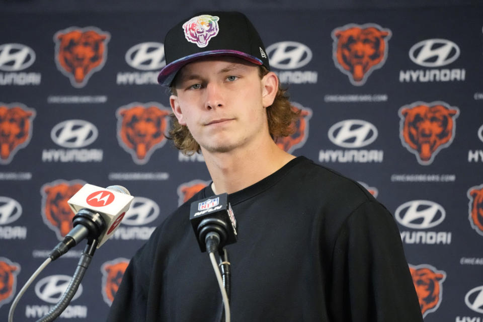 Chicago Bears quarterback Tyson Bagent listens to a question during a news conference after an NFL football game against the Minnesota Vikings, Sunday, Oct. 15, 2023 in Chicago. (AP Photo/Nam Y. Huh)