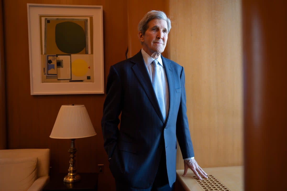 John Kerry, US Special Presidential Envoy for Climate, in his office at the State Department, on Tuesday, February 6, 2024, in Washington DC (AP)