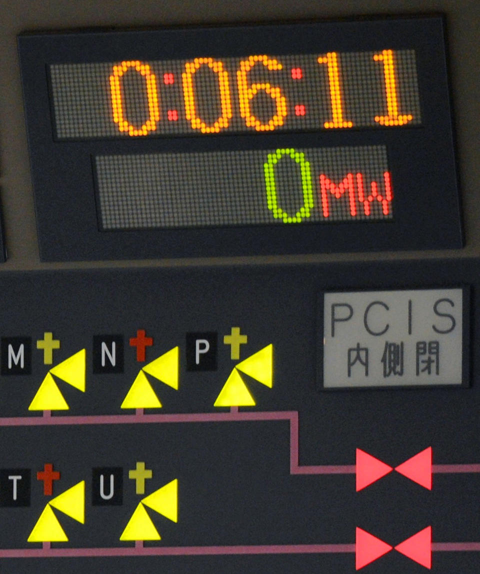 A monitor shows the generating power at 0 inside the central control room of the No. 6 reactor at the Tokyo Electric Power Company's nuclear power plant in Kariwa village in Kashiwazaki City, Japan, northwest of Tokyo early Monday, March 26, 2012, after it was taken off line. The nuclear reactor was taken off line for maintenance on Monday, leaving the country with only one of its 54 reactors operational following last year's devastating earthquake and tsunami. (AP Photo/Kyodo News) JAPAN OUT, MANDATORY CREDIT, NO LICENSING IN CHINA, HONG KONG, JAPAN, SOUTH KOREA AND FRANCE