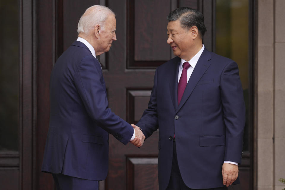 President Joe Biden greets China's President President Xi Jinping at the Filoli Estate in Woodside, Calif., Wednesday, Nov, 15, 2023, on the sidelines of the Asia-Pacific Economic Cooperative conference. (Doug Mills/The New York Times via AP, Pool) / Credit: Doug Mills / AP