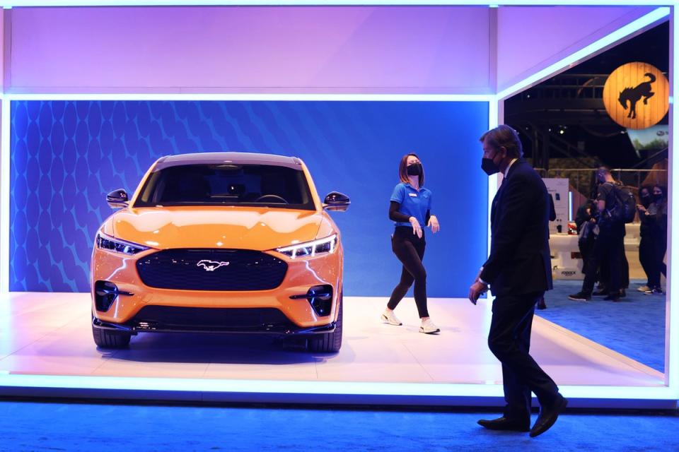 A 2021 Ford Mustang Mach-E at a motor show in Chicago (Getty)