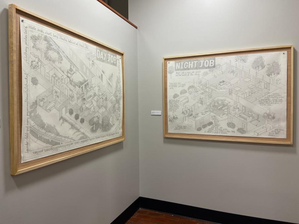 Sketches of "Day Job" versus "Night Job" by Owen Buffington hang in The Bakery District as a part of the inaugural exhibition, “Process/Experience/Place.”