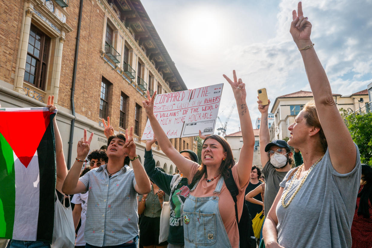 AUSTIN, TEXAS - APRIL 24: Students protest the war in Gaza at the University of Texas at Austin on April 24, 2024 in Austin, Texas. Students walked out of class as protests continue to sweep college campuses around the country. (Photo by Brandon Bell/Getty Images)