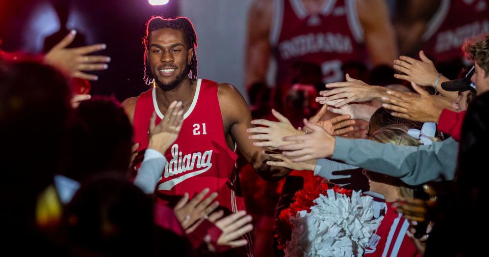Indiana's Mackenzie Mgbako is announced during Hoosier Hysteria at Simon Skjodt Assembly Hall on Friday, October 20, 2023.