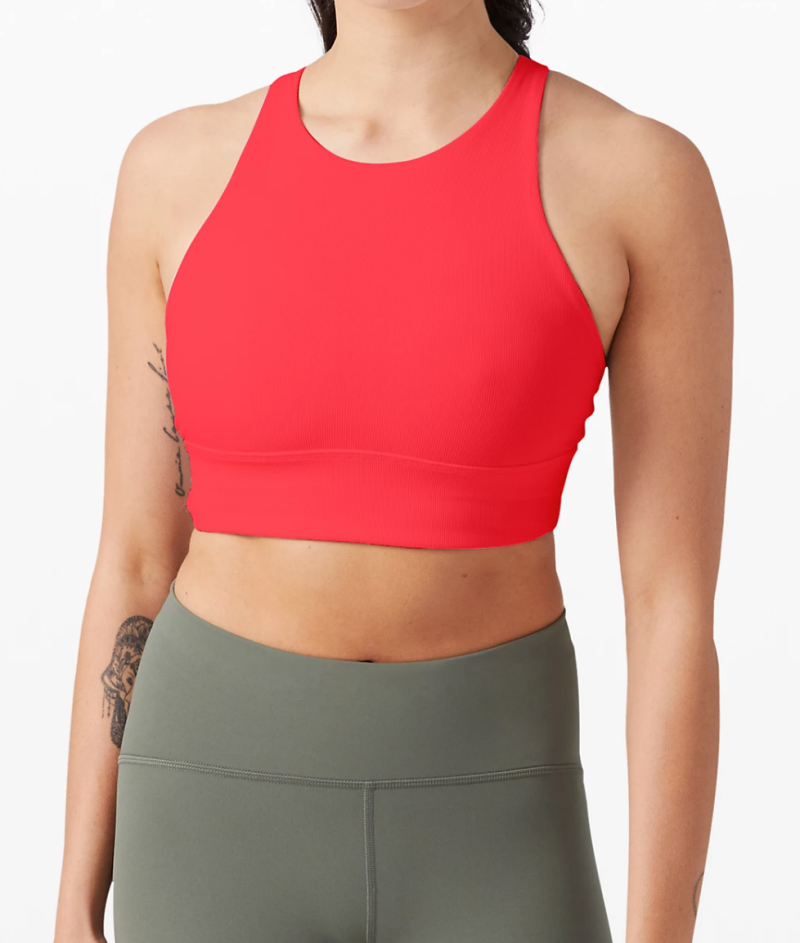 Energy Bra High Neck Long Line Rib in carnation red (PHOTO: Lululemon)